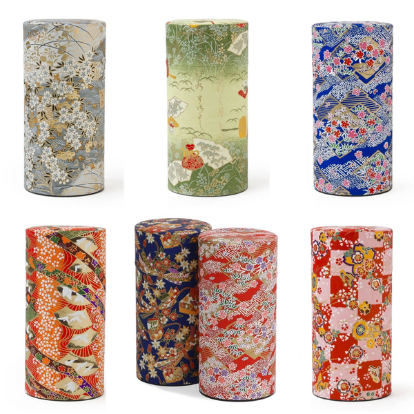 Several tea canisters in a variety of Japanese washi designs