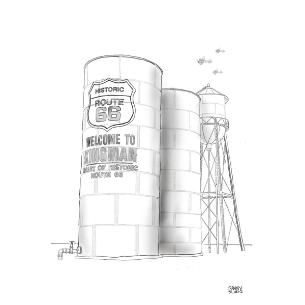 Black and white illustration of a water tower with Route 66 branding on a white background