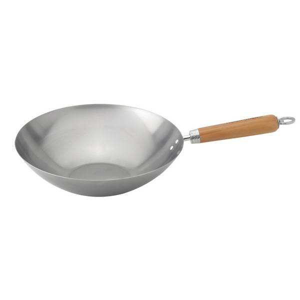 Stainless steel wok with a wooden handle on a white background