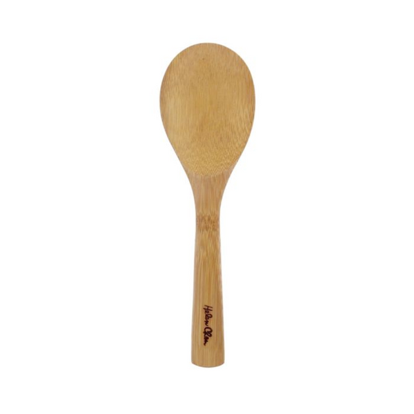 Wooden spoon with a brand name on a white background