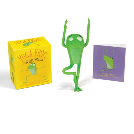 Green yoga frog figure with yellow box and purple card on a white background