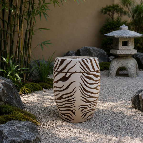 Ceramic Garden Stool - Brown Zebra Stripes on White – Pearl River Mart