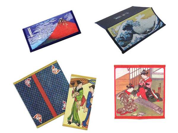 Rice wallets with various Japanese designs (Mount Fuji, the Great Wave, traditional Japanese ladies)