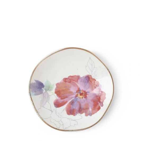A small ceramic plate with a floral design, predominantly purple flowers with a brown rim.