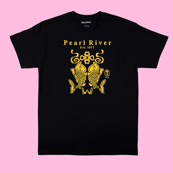 Black T-shirt with bright yellow lettering and double fish