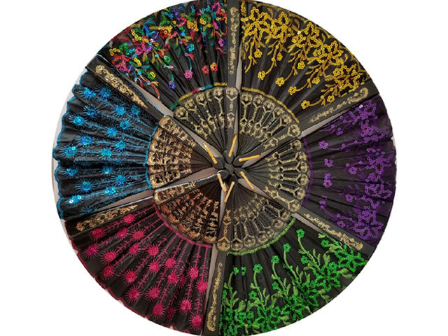 Color Sequins Fabric Fan - 9 in. Black Frame