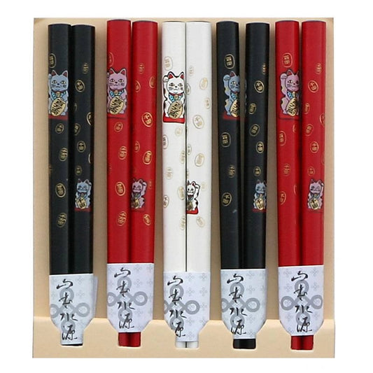 Set of colorful chopsticks featuring lucky cat designs in black, red, and white. Decorative gold coin patterns add a whimsical touch.