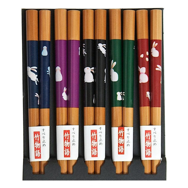 Five pairs of chopsticks with assorted rabbit patterns.