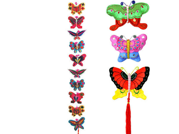 Hand Embroidered Ornaments, Butterfly string. String of butterflies, next to an three butterflies