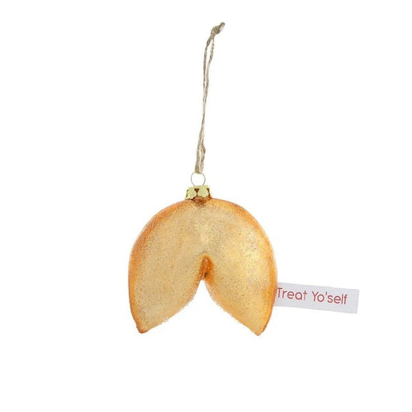 Gold color fortune cookie ornament with tag sticking out that says "Treat Yo'self"