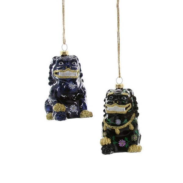 Foo Dog Glass Ornament in navy blue and black