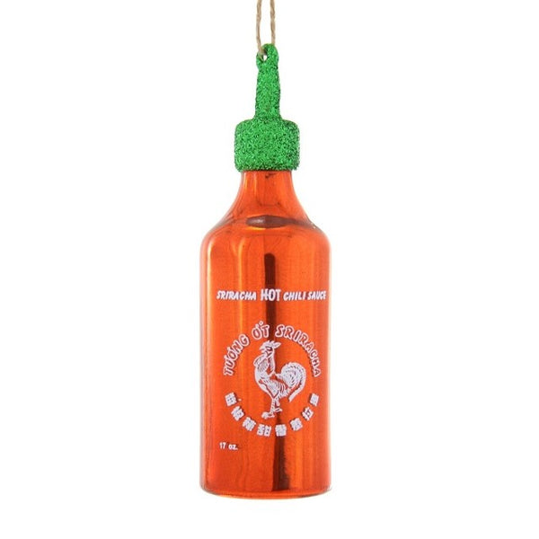 Glass ornament of sriracha chili sauce bottle