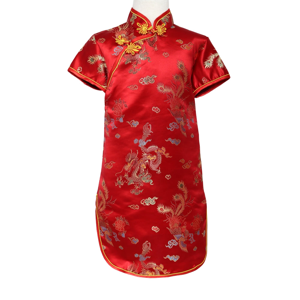 Girls Short Sleeve Brocade Dress - Dragon Phoenix