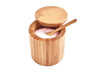 Natural Bamboo Salt Box open with cooking salt and spoon inside