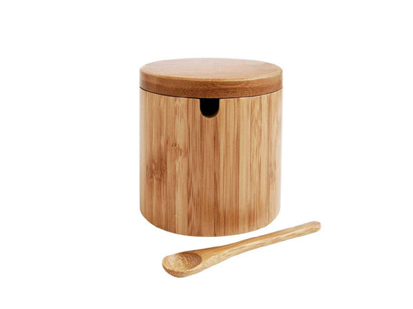 Natural Bamboo Salt Box with Swivel Lid and Spoon