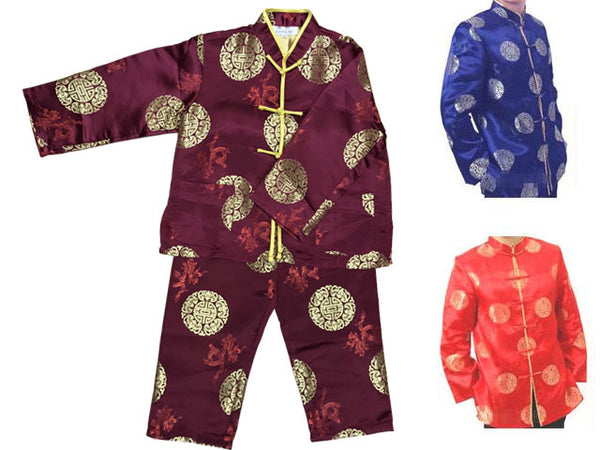 Boys Long Sleeve Rayon Brocade Outfit in burgundy, blue, and red