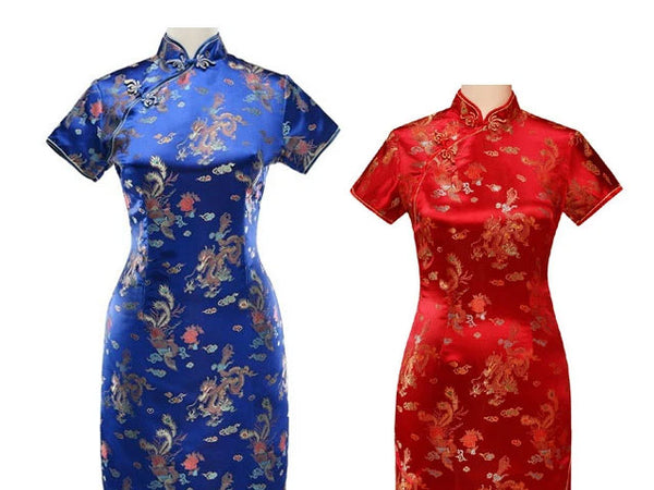 Short Sleeves Ankle Length Mandarin Dress - Dragon Phoenix in cobalt blue on the left and red on the right