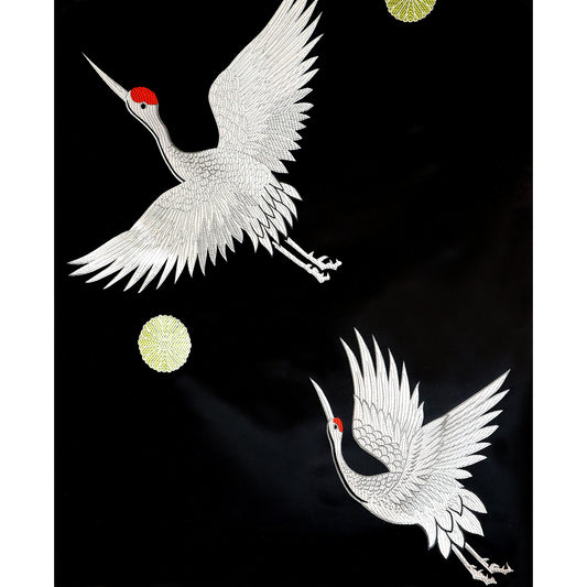 White Flying Crane under the Moon Brocade Fabric - Black