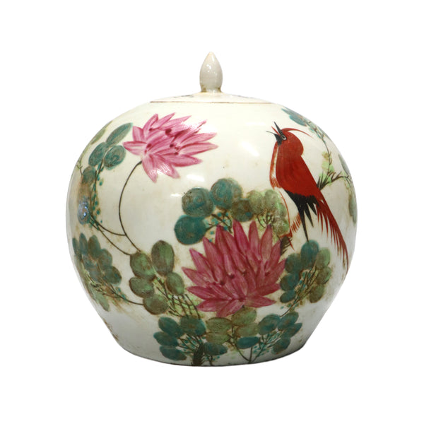 Lovely apple-shaped jar in an ancient design. Off-white with a bird and floral scene.