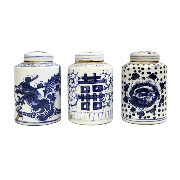 Blue on White Ceramic Tea Jars in dragon, double happiness, and floral designs