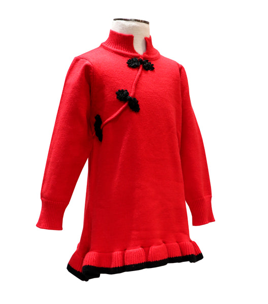 Girls Knitted Flutter Qipao ruby red