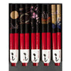 Five pairs of red chopsticks with assorted patterns.