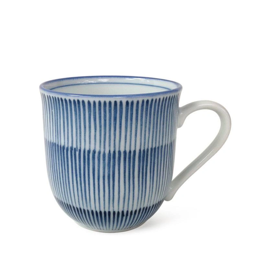 White ceramic mug with vertical blue pinstripes and a smooth handle, conveying a minimalist, modern style. The mug evokes a calm, elegant tone.