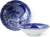 Cobalt blue koi fish design dish. Plate on the left shown in an overview shot, the right in a side profile