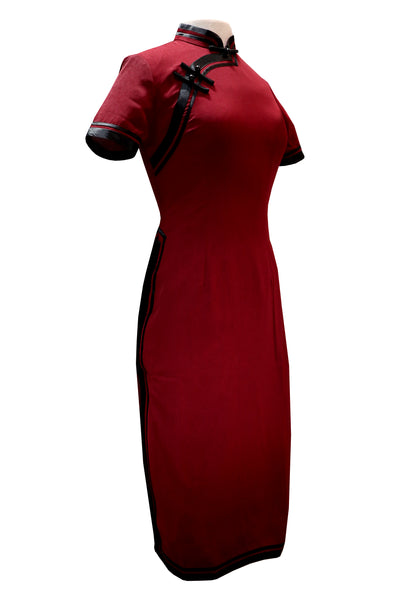 Short Sleeve Qipao - Garnet with black trim and buttons