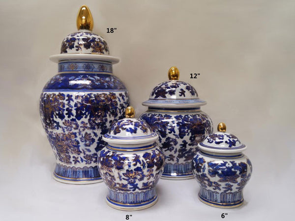 4 Blue on white with Gold Essence Temple Jar. Sizes come in 6,8,12,18 inches