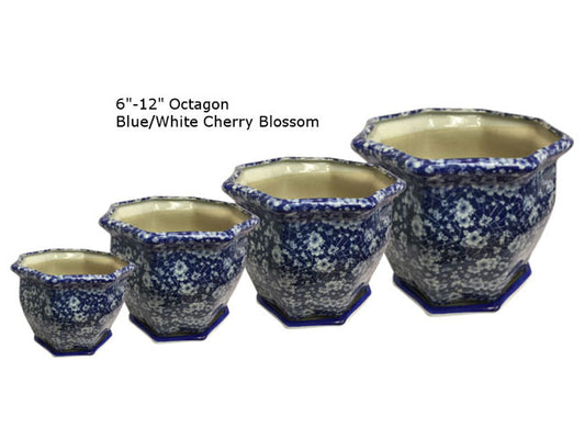 4 ceramic octagonal flower pots. Starting from the left the containers are 6,8,10, and 12 inches