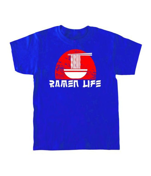 Bright blue kid's T-shirt with a red sun, bowl of noodles, and the words Ramen Life