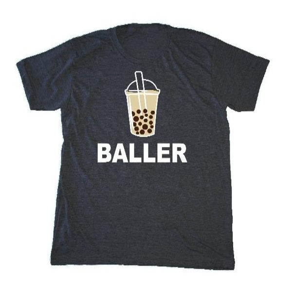 Charcoal T-shirt with "Baller" and a cup of bubble tea