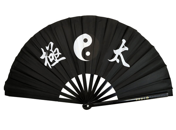 Black fan with yin yang symbol and tai chi characters