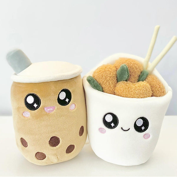 Boba Milk Tea and Popcorn Chicken Magnetic Plush Toy Set: both plushes have blushing, smiling faces and starry eyes
