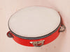 Red-painted wood framed Chinese tambourine topped with leather, with a diameter of 7"