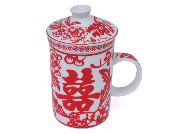 White mug with cup and red double happiness character and floral design