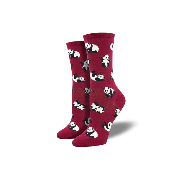 Cuddle Puddle Panda Socks: Small illustrated pandas rolling around on a maroon sock