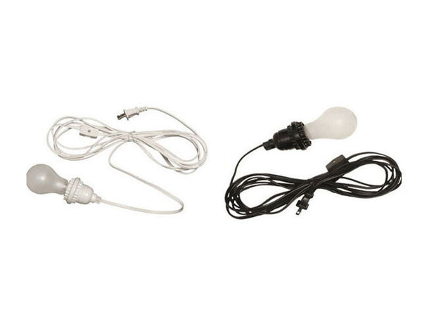 Two electrical cord and socket- for incandescent bulb. The cord on the left is white and black on the right