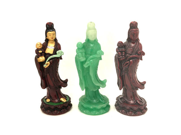 Three Guan Yin Buddha Holding Boy- Each 6 inches tall. Red and Gold design, Jade Green and Mahogany color