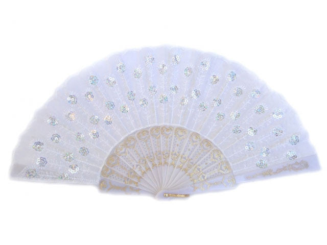 White Frame Sequins Fabric Fan - 9 in.