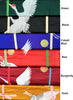 White Flying Crane under the Moon Brocade Fabric in 6 colors. From top to bottom: green, black, cobalt blue, red, burgundy, and gold