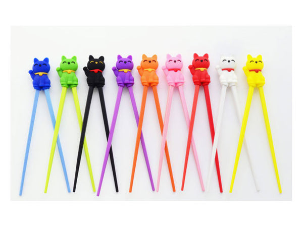 Nine chopstick helper cats laid next to one another. Each varying in color(blue, green, black, purple, orange, pink, red, white, and yellow) 