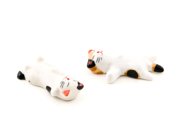 2 White Ceramic Kitty Chopstick Holder belly side up