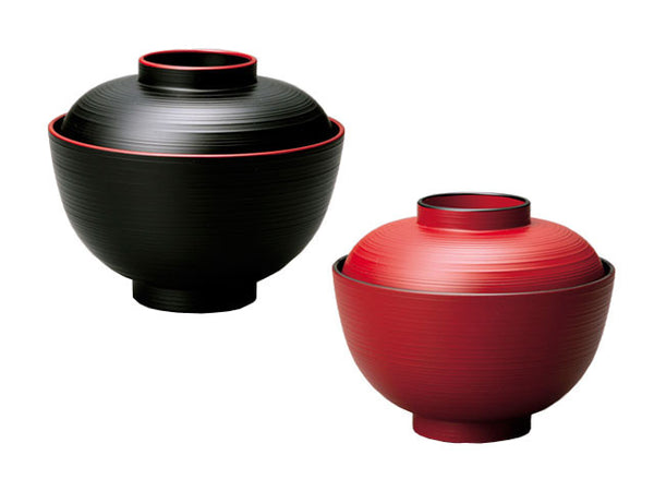 Two Lacquer soup bowl with lid, one black and the other red