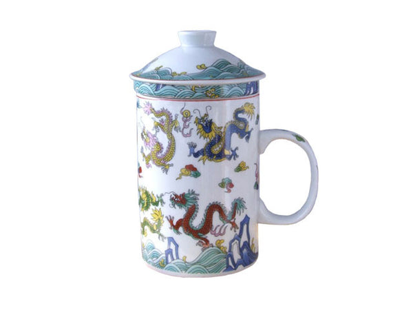 Multi colored, 9 dragons design mug with infuser
