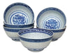 Modern light blue bowls lined with powerful dark blue dragons perfectly arranged