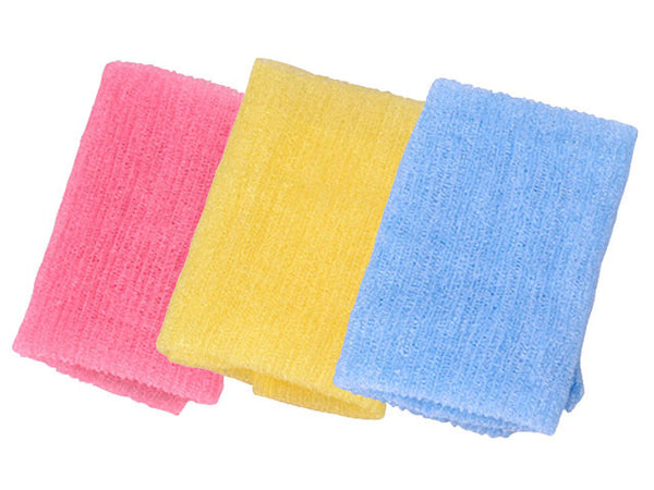 Exfoliating Bath Cloth in pink, yellow, and blue
