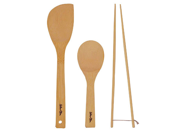 3 piece set containing 9-inch rice paddle, 13-inch stir fry spatula, and 13-inch cooking chopsticks