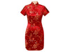 Red short-sleeved knee length mandarin brocade dress with dragon phoenix design